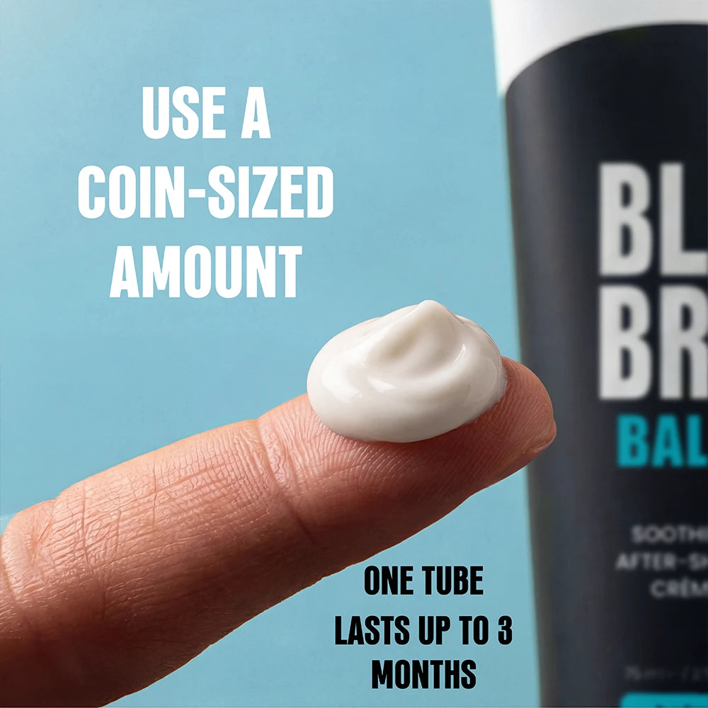 A close-up of a finger holding a dollop of white hair product against a light blue background, with text reading 'USE A COIN-SIZED AMOUNT' and part of a black tube labeled 'BLACK BAL.