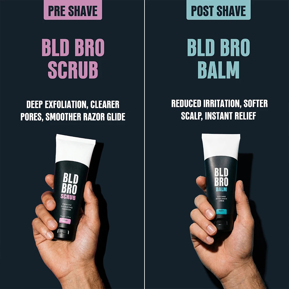 A split-screen comparison showing two hands holding BLD BRO products: a black tube labeled BLD BRO SCRUB under a pink 'PRE SHAVE' header, and a black tube labeled BLD BRO BALM under a blue 'POST SHAVE' header, on a dark charcoal background with marketing text.