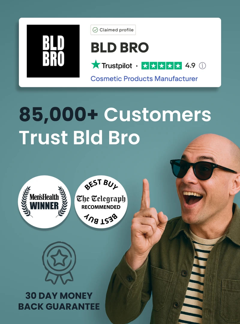 Advertisement for Bld Bro with a man pointing upwards and various accolades displayed.