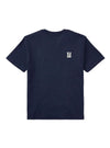 A navy blue short-sleeve crewneck t-shirt with a small white stacked logo reading 'BLD BRO' on the left chest, displayed flat against a solid white background.