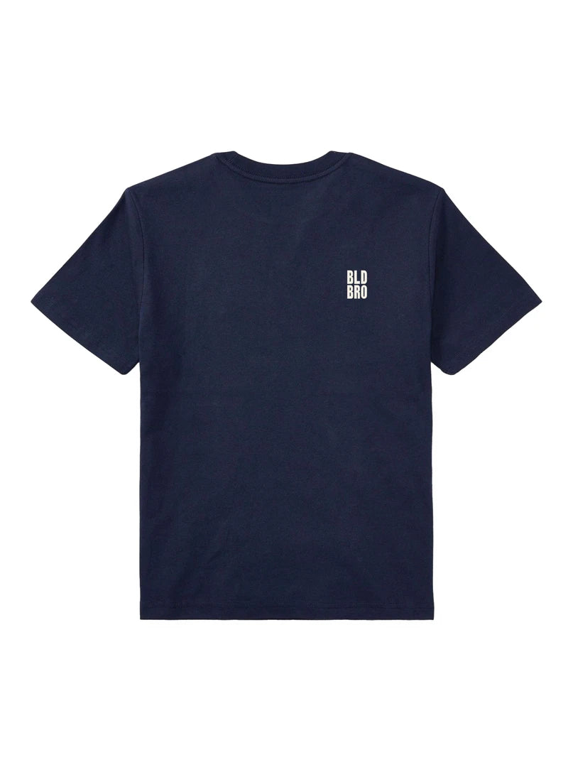 A navy blue short-sleeve crewneck t-shirt with a small white stacked logo reading 'BLD BRO' on the left chest, displayed flat against a solid white background.